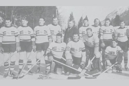 A portrait of the Great Britain ice hockey team that won a gold Olympic Medal in 1936