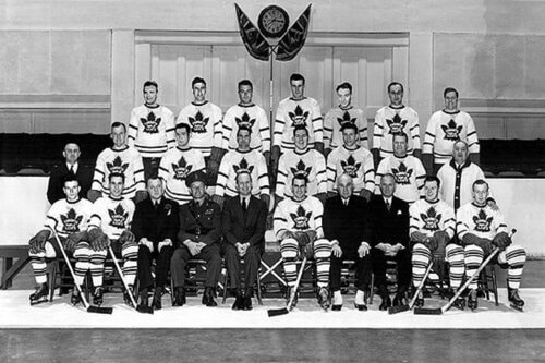 This is a team portrait of the Toronto Maple Leafs team in 1942 during the Stanley cup final