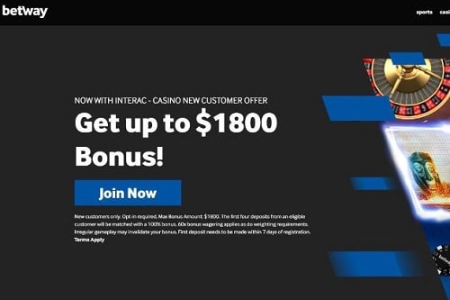 A screenshot of the Betway Casino Welcome Bonus of up to $1800