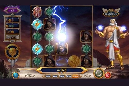 A screenshot of The Hand of God feature with Zeus destroying symbols to create a cascade