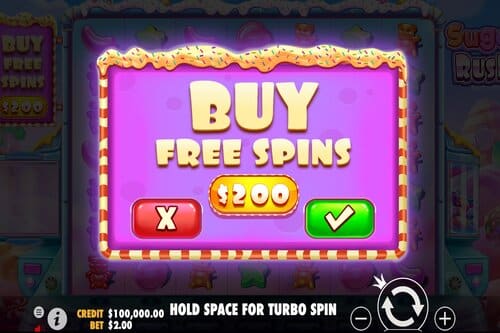 This is a screenshot of Bonus Buy Feature of the slot game Sugar Rush allowing you to purchase 10 free spins