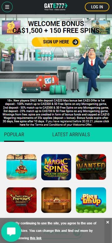 A screenshot of the Gate777 Casino mobile version