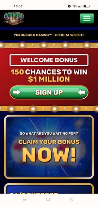 This is a screenshot of the Yukon Gold Casino in the mobile for the casino review