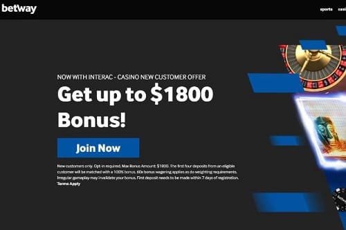 This is a screenshot of an online casino welcome offer which is advertising an up to $1800 bonus with Betway.