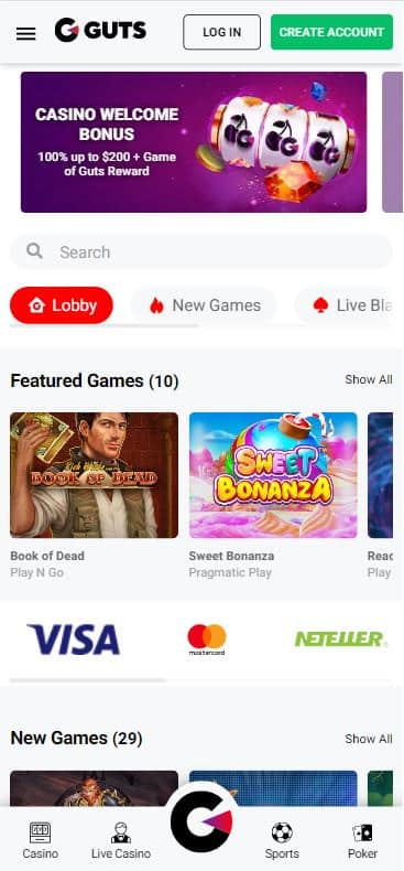A screenshot of the Guts Casino mobile view showing the homepage.