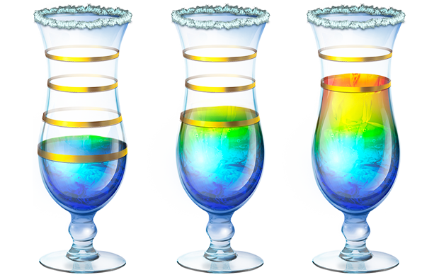 This is a screenshot of three versions of the Tropical Bonanza cocktail glass showing it at one quarter full, half full, and three quarters full