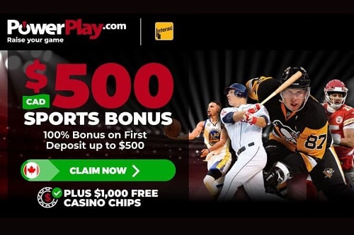 A screenshot of the PowerPlay Casino Sports Welcome Bonus page advertising an up to $500 sports bonus.