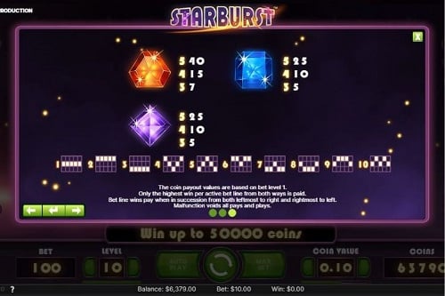 A screenshot of the Starburst slot lower value symbols showing the orange pentagon, blue square, and the purple diamond