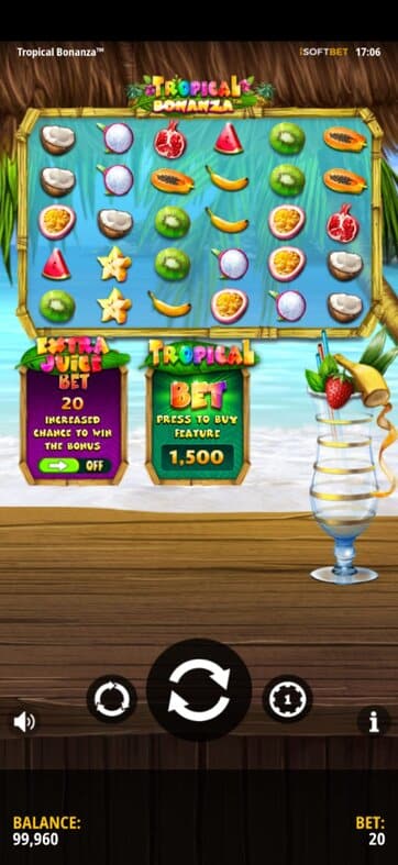 This is a screenshot of the slot game Tropical Bonanza mobile version 