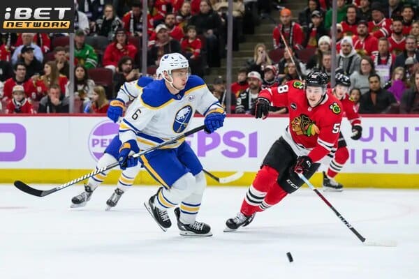 This is a picture of the Sabres against the Blackhawks for the NHL Picks article preview