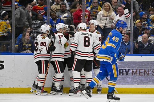 This is a picture of the Blues against the Blackhawks for the NHL Picks article 